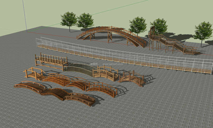 中式景观木桥_栈道桥_拱桥_景观桥SU模型下载-1