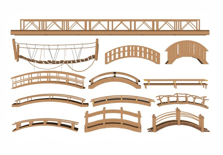 中式景观木桥_栈道桥_拱桥_景观桥SU模型下载-1