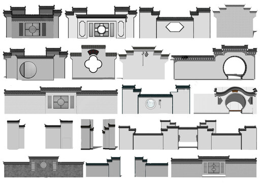 中式围墙景墙马头墙su模型-1